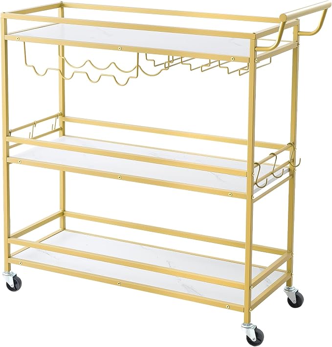 VEVOR Bar Cart, 3 Tiers Home Kitchen Serving Carts, Modern Rolling Utility Station on Wheels, Mobile Drink Beverage Trolley with Wooden Shelf, Wine Rack, and Glass Holder, 35.83x12.99x36.81 in, Gold