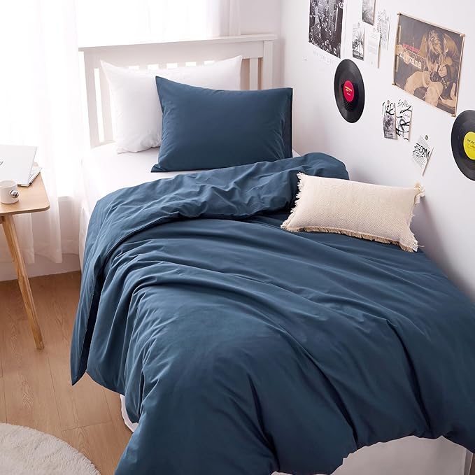 Wake In Cloud - Cotton Duvet Cover Set, 100% Washed Cotton, Linen Like Textured, Breathable Durable Comfy Farmhouse Neutral Bedding Set, 3 Pieces, Navy Blue, Twin/Twin XL Size