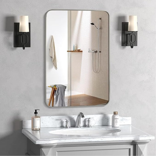 Bathroom Mirror Brushed Nickel, 24 x 32 Inch Metal Frame Rectangle Mirror Rounded Silver Modern Vanity Mirror Anti-Rust for Bathroom, Farmhouse Wall Mounted Vertically/Horizontally