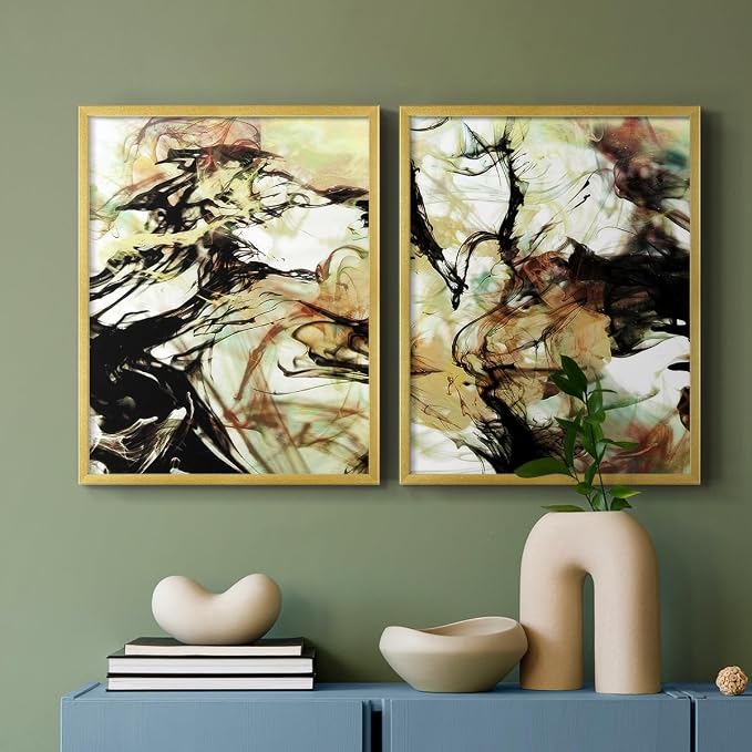 Renditions Gallery Set of 2 Peel & Stick Framed Prints, Abstract Wall Art, Vaping Smoke Design Wall Decor, Re-Stickable - Ready to Hang - 16"x20" - GOLD Frame LT588