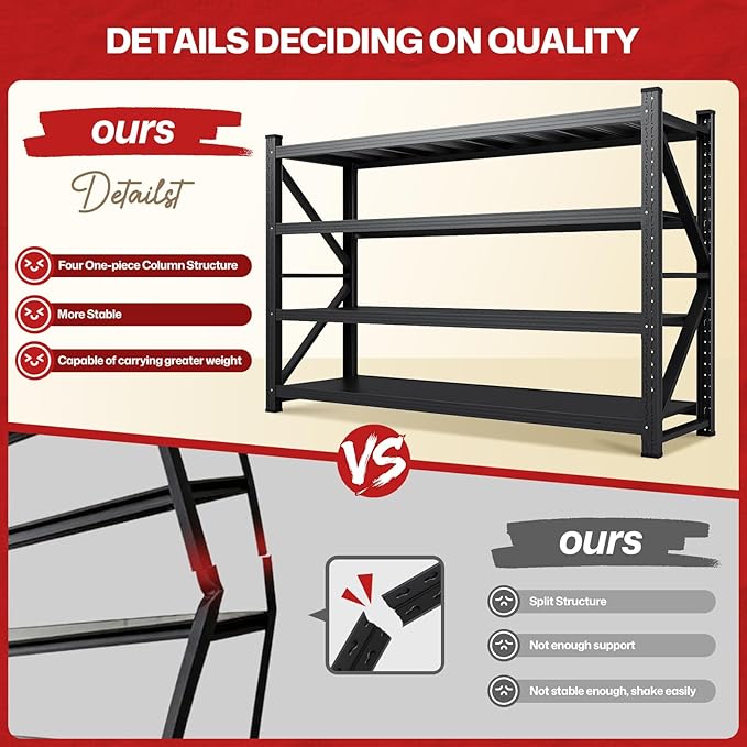 6000LBS Storage Shelves,71" W Garage Shelving Heavy Duty,4 Tier Adjustable Metal Shelving Unit,Garage Storage Shelves for Garage,Warehouse,Basement,Pantry,Kitchen,71" W x 70" Hx24 D,Black