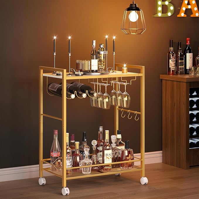 Bar Cart, Home Bar Serving Cart with 2-Tier Shelf,Rolling Beverage Cart with Wheels,Mobile Kitchen Shelf,Modern Wine Drink Cart with Wine Rack and Glass Holder for Kitchen,Dinning Room,Gold