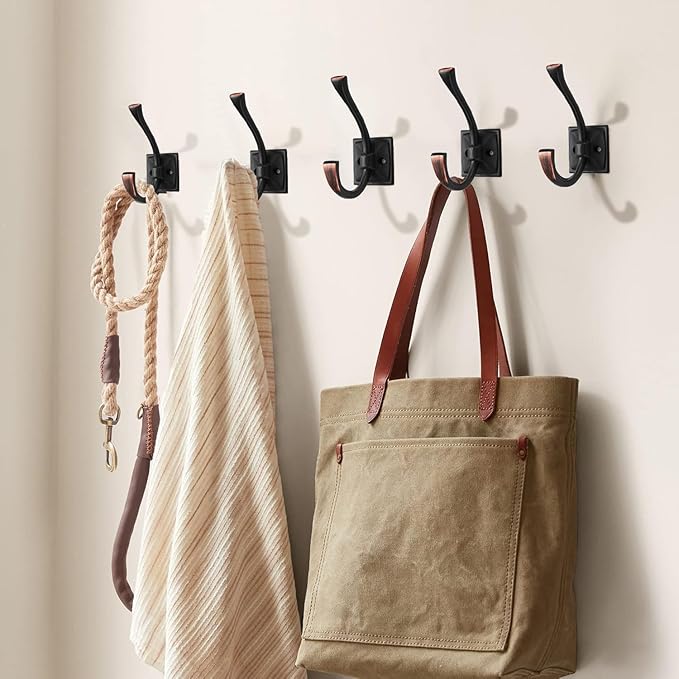 Large Wall Hooks 10 Pack Oil Rubbed Bronze Coat Hooks Hardware Towel Hooks for Hanging Coats 4.35 Inch Double Robe Hooks Wall Mounted with Screws for Key, Towel, Bags, Cup, Hat