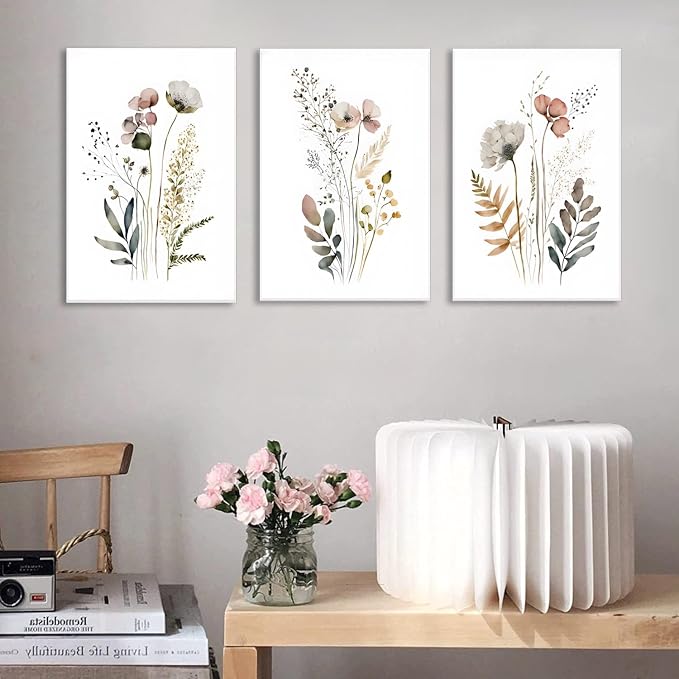 3Pcs Framed 12x16in Boho Flower Wall Art Wildflower Watercolor Canvas Minimalist Colorful Botanical Floral Painting Picture Wall Decor Posters Modern Print Artwork for Living Room Bedroom