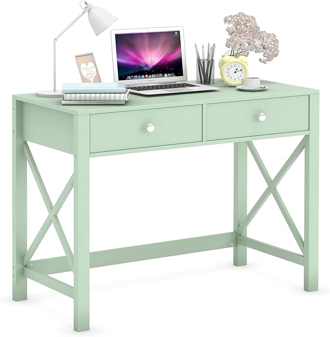 WiberWi Home Office Desk with Drawers, Modern Writing Computer Desk for Bedroom, Small Makeup Vanity Table Study Table for Home Office,Green