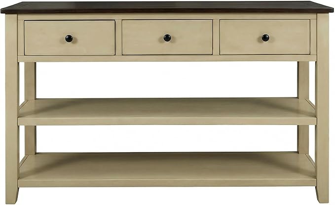 LUMISOL Long Console Table with 3 Storage Drawers, Solid Wood Sofa Table with Storage & Open Shelves, Retro Entryway Tables for Hallway Living Room (Beige)