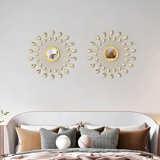 2 Pack Metal Mirrors for Wall Boho Sunburst Wall Mirror Home Decor Modern Decorative Wall Art for Bedroom Living Room Entryway
