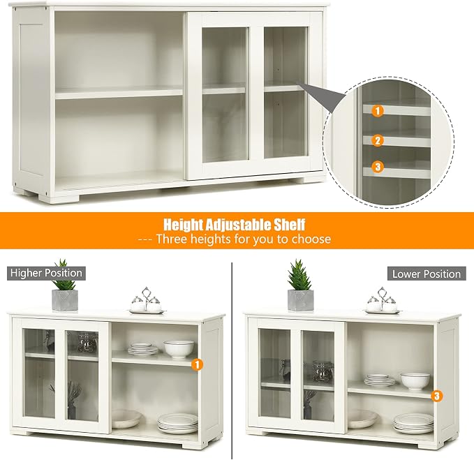 Sideboards Buffet Cabinet, Sliding Tempered Glass Door Coffee Bar, Console Table with Adjustable Shelf, Credenzas for Living Room, Stackable Kitchen Cupboard for Dining Room (White)