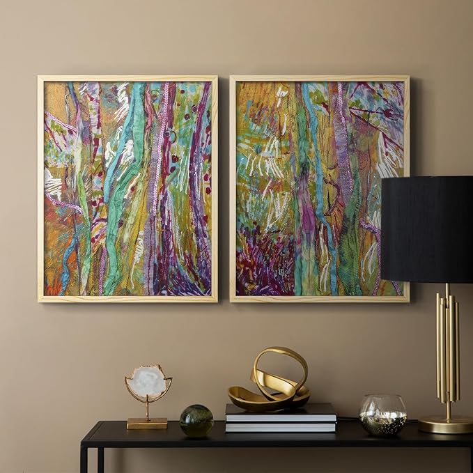 Renditions Gallery Set of 2 Peel & Stick Framed Prints, Modern Abstract Wall Art, Colorful Artistic Painting Wall Decor, Re-Stickable - Ready to Hang - 8"x10" - NATURAL WOOD Frame LT588