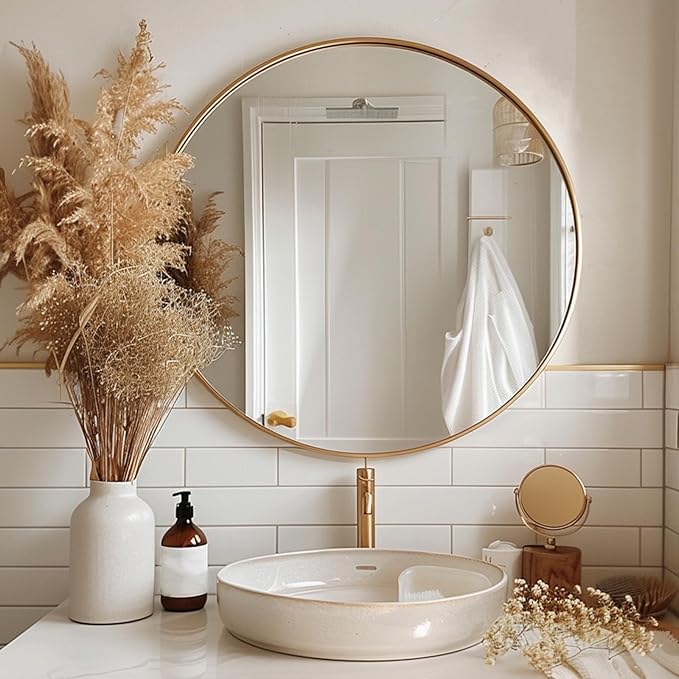Sunniry Gold Round Mirror 30 inch, Large Circle Mirror, Round Wall Mirror Brushed Metal Frame, Gold Circle Mirrors for Wall, Bathroom, Living Room, Hallway.