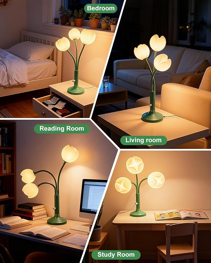 Lightdot Vintage Flower Table Lamp, Green Small Cute Bedside Lamp with Adjustable Gooseneck& Bulbs, 3000K Warm Light Dimmable Desk Lamps Nightstand Light for Bedroom Living Room