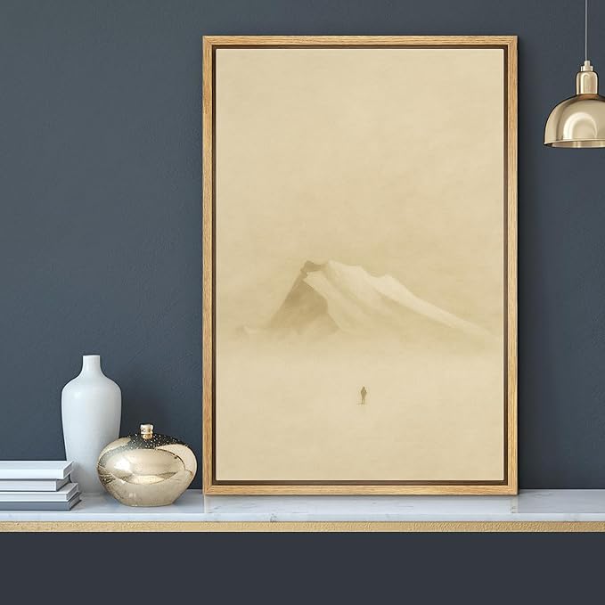 MUDECOR Framed Canvas Print Wall Art Solitary Traveler in Misty Mountains Minimalist Winter Landscape Illustrations Minimalism Decorative Zen for Living Room, Bedroom, Office - 16"x24" NATURAL