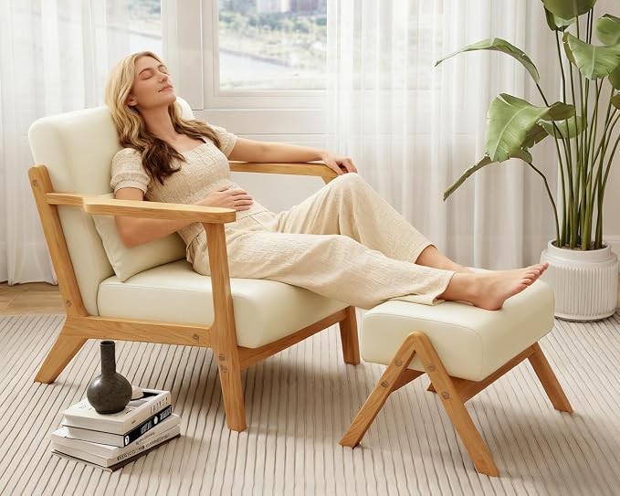 Modern Accent Chair and Ottoman Set, Mid-Century Faux Leather Upholstered Lounge Armchair with Solid Wood Frame & Comfortable Cushion for Living Room, Bedroom, Balcony, Beige