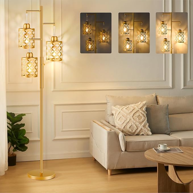 Dimmable Floor Lamp, Farmhouse Standing Lamp with Elegant Metal Cage, Industrial Tall Tree Floor Lamps for Living Room, Bedroom, Study Room, Office, 2000LM LED Bulbs Included - 68", Gold