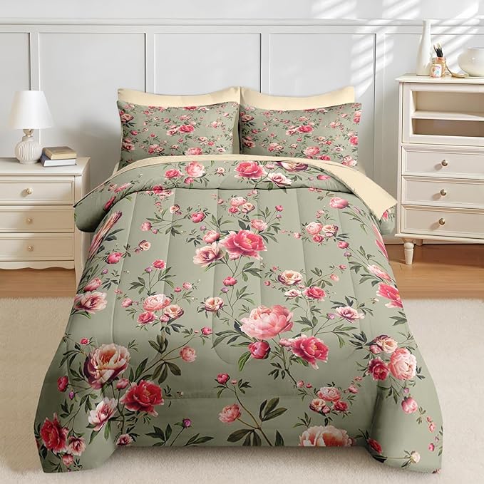 Nesker 7 Pcs Comforter Set King Size, Vintage Floral Beige Bedding Set for Kids and Adults, Rose Flower Pink Bed Sheet Sets with Fitted Sheet 2 Pillowcases & 2 Shams