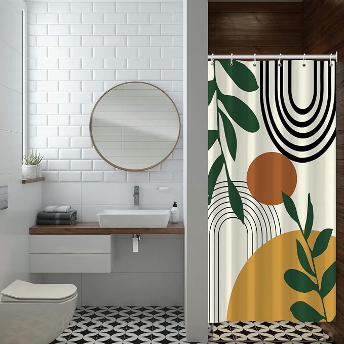 Boho Geometric Shower Curtain Beige Mid Century Abstract Arch Curve Bathroom Curtain Minimalistic Sun Shower Curtain Sets for Bathroom Extra Long 54x72 in with 10 Hooks
