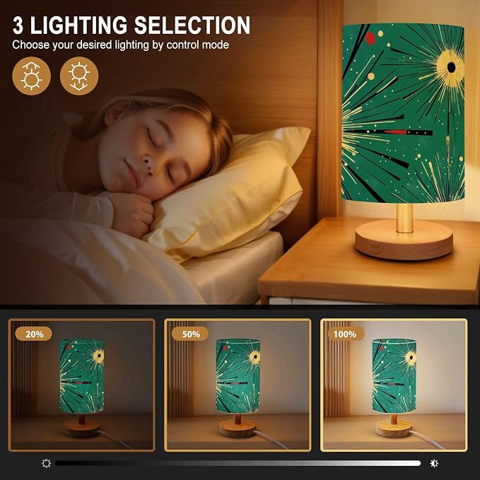 Bedside Table Lamp Atomic Seamless Atomic Starburst Mid Century Modern Green Black Blue 16-Way Dimmable Small Desk Lamp with Round Flaxen Fabric Shade for Nightstand Bedroom Living Room Home Decor