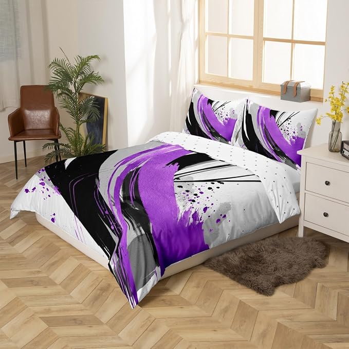 Erosebridal Black and Purple Duvet Cover | Geometric Striped Bedding Sets for Girls Modern Contemporary Art Bed Set Boys Adults Boho Minimalist Aesthetic Art Bed Cover Queen 3 Pieces