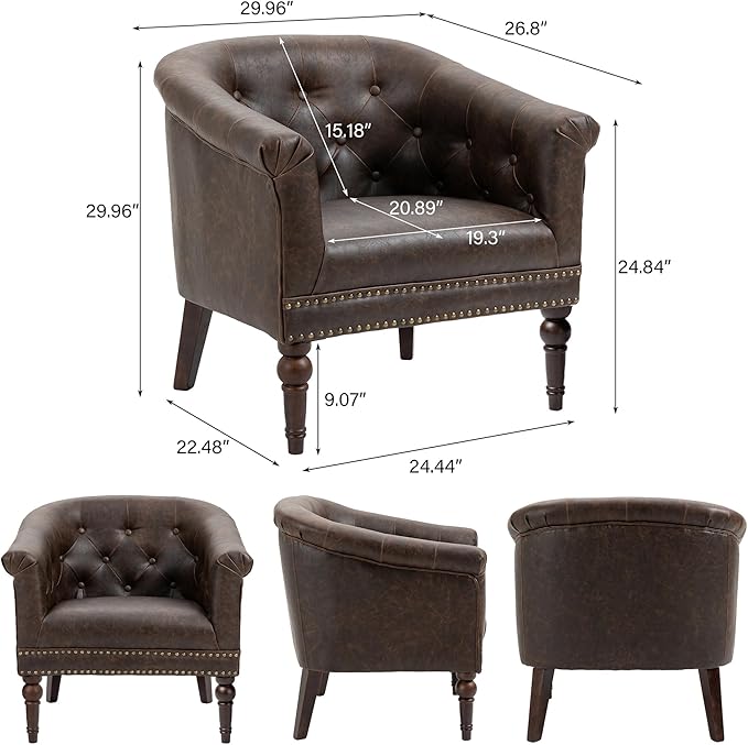 Accent Chair, Upholstered Faux Leather Barrel Chair with Nailed Trim, Comfy Club Armchair for Reading Living Room Bedroom Waiting Room-Chocolate, Set of 1