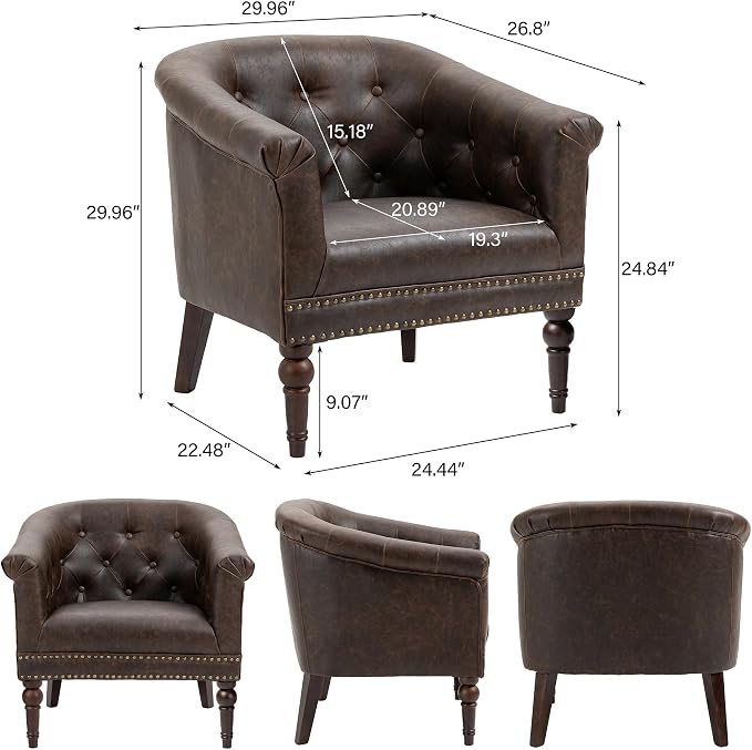 Accent Chair, Upholstered Faux Leather Barrel Chair with Nailed Trim, Comfy Club Armchair for Reading Living Room Bedroom Waiting Room (Chocolate, Set of 1)