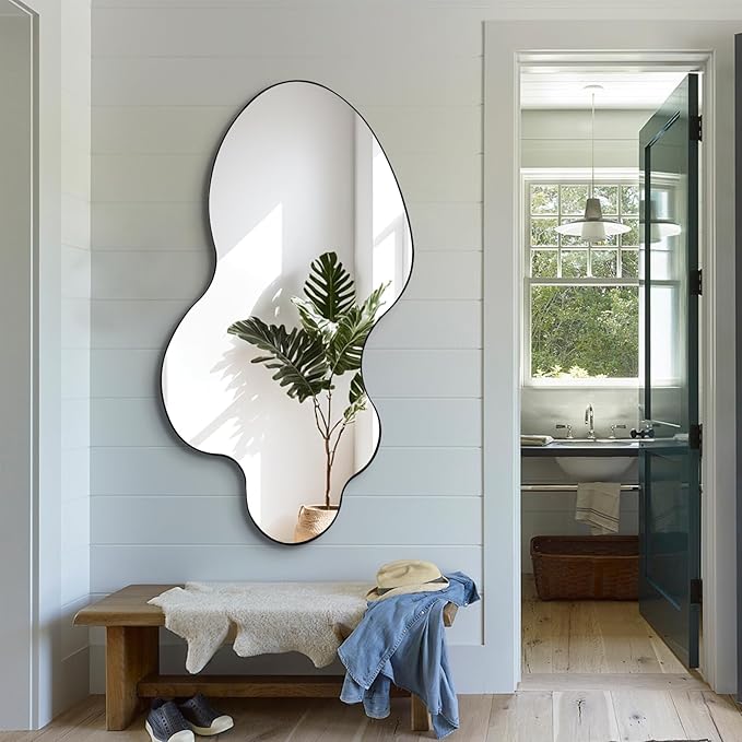 Asymmetrical Wall Mirror, 46.5"x24" Irregular Shaped Mirrors with Black Metal Frame, Modern Abstract Decorative Mirrors for Living Room Bathroom Bedroom Hallway Entryway Fireplace
