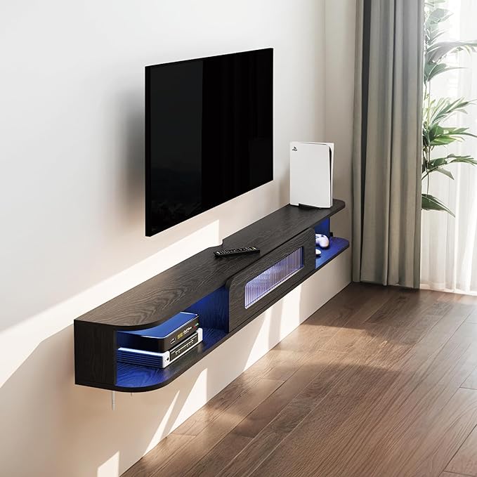 Floating TV Stand with LED Lights, 55'' Solid Wood Wall Mounted TV Cabinet with Glass Door, Mid-Century Entertainment Media Console Center Large Storage Shelf Under TV (55.11IN, Black)