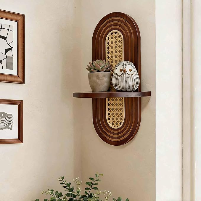 1pc Mid-Century Modern Wall Shelf - Arched Wood & Woven PE Rattan Boho Decorative Floating Shelf, Vintage Aesthetic Decor for Living Room, Bedroom, Kitchen & Home Office (Walnut)