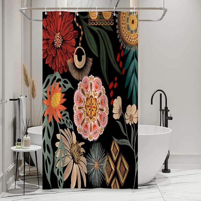 Black Boho Floral Shower Curtain Abstract Botanical Mid Century Modern Bathroom Decor Tropical Flower Shower Curtain with 6 Hooks,36x72 inches