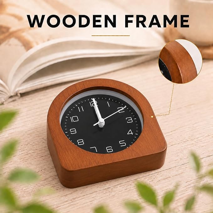 Analog Alarm Clock 5" Silent Non-Ticking Small Solid Wood Desk Clocks Battery Operated Simple Style Retro Table Clock for Office/Bedroom/Kitchen/School/Bedside/Shelf (Dark Wood, Arch)