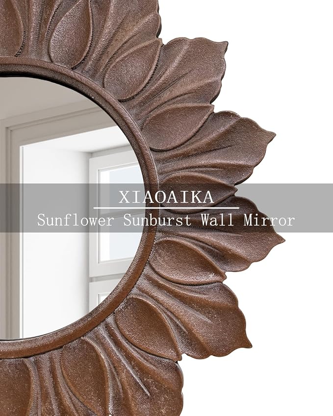 Sunflower Sunburst Wall Mirror, 26" Distressed Brown Wooden Frame, Handcrafted Petal Floral Design, Vintage Farmhouse Style Mirror for Wall Decor for Living Room, Bedroom, Bathroom, Vanity