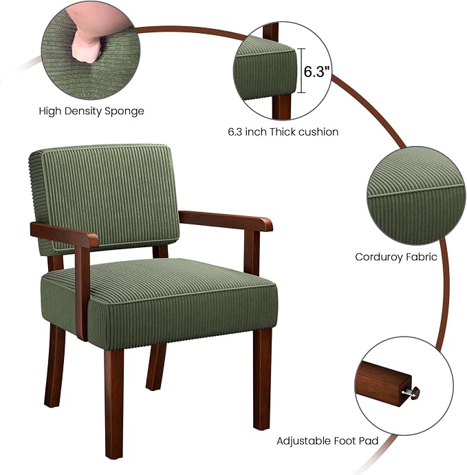 FAGAGA Corduroy Accent Chair, Mid Century Modern Armchairs with Solid Wood Frame, Oversized Reading Leisure Chair for Living Room, Bedroom (Corduroy Green, One Chair)