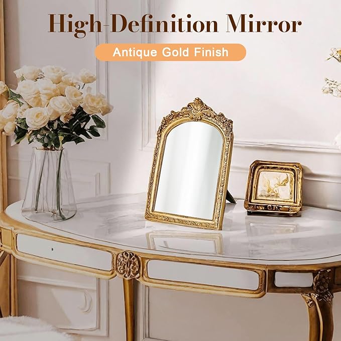 YUSONG Vintage Desk Mirror – 7" Gold Antique Tabletop Mirror with Resin Frame, Decorative Wall Art for Living Room Bedroom Vanity Desk Decor, Birthday Gift