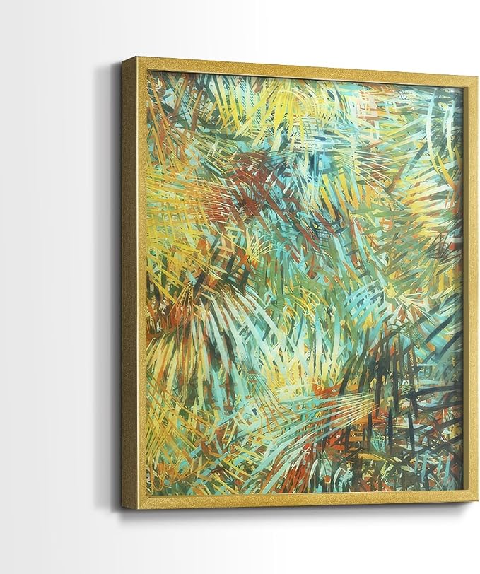 Renditions Gallery Set of 2 Peel & Stick Framed Prints, Nature Abstract Wall Art, Green Leafy Design Wall Decor, Re-Stickable - Ready to Hang - 16"x20" - GOLD Frame LT588