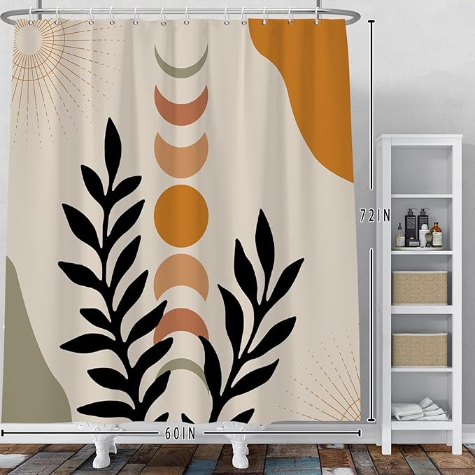 Baocicco Mid Century Shower Curtain Sun and Moon Boho Botanical Abstract Shower Curtains Decorative for Bathroom Bathtubs Waterproof Fabric Shower Curtain with Hooks 60x72 Inches