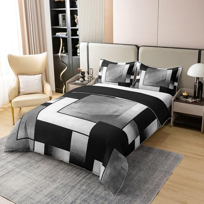 Erosebridal Black Grey Art Bedding Set Queen Modern Geometric Square 100% Cotton Duvet Cover Abstract Patchwork Comforter Cover for Kids Teens Adults Mid Century Modern Fashion Bed Set 3 Pcs