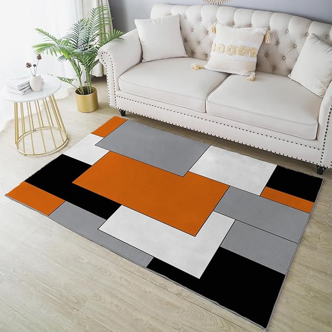 Ansouyi Orange Gray Non-Slip 5x7 ft Area Rugs, Washable Rug Carpet for Living Room, Abstract Color Block Geometric Home Decor Rugs for Game Room Classroom Bedroom Dining Kindergarten Room
