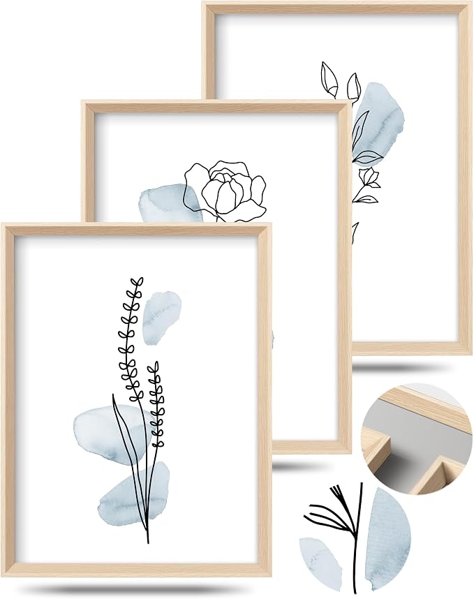 HesenDot Framed Blue Floral Canvas Wall Art,Minimalist Botanical Wall Art Decor,12x16IN Wood High Framed Prints,Boho Flowers Artworks Prints Posters for Living Room,Kitchen,Bedroom Set of 3