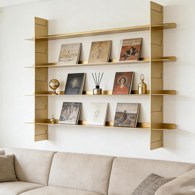 Metal Wall Mounted Floating Book Shelf, 4 Tier Storage Shelves, Easy Installation Display Shelf， 2 uprights+4 Shelves ，Storage Unit for Students, Housewives, and Collectors (Champagne Gold)