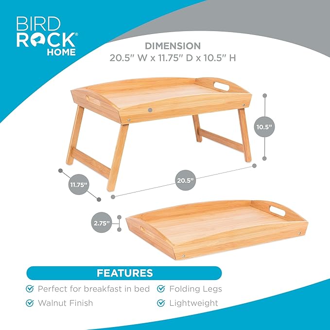 BirdRock Home Bamboo Bed Tray | Wooden Curved Sides Breakfast Serving Tray with Folding Legs | Natural