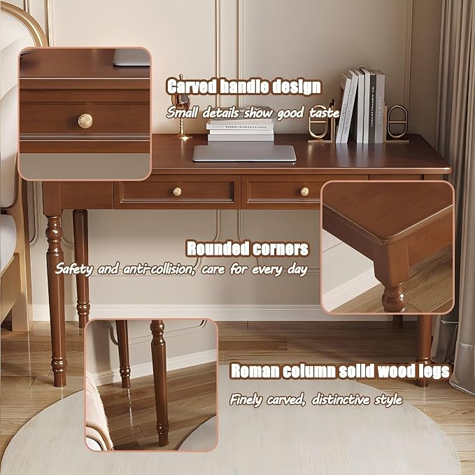French Country Style Walnut Writing Desks with Drawers, 47" Solid Wood Farmhouse Computer Table for Home Office, Living Room Study or Workspace (Walnut)