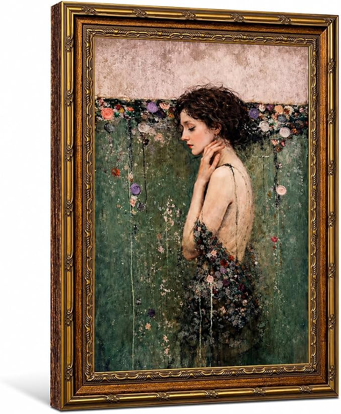 dzbLuck Vintage Ophelia Wall Art Print, Romantic Victorian Gothic Dark Academia Decor, Antique Female Portrait, Moody Floral Poster, Gold Frame 12x16 Inch
