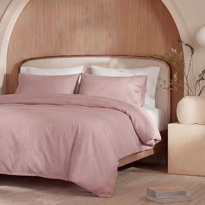 100% Washed Cotton Duvet Cover Queen Size – Red Pink, Linen-Like Texture, Super Soft & Breathable Bedding Set, 3-Piece Durable Percale Comforter Cover