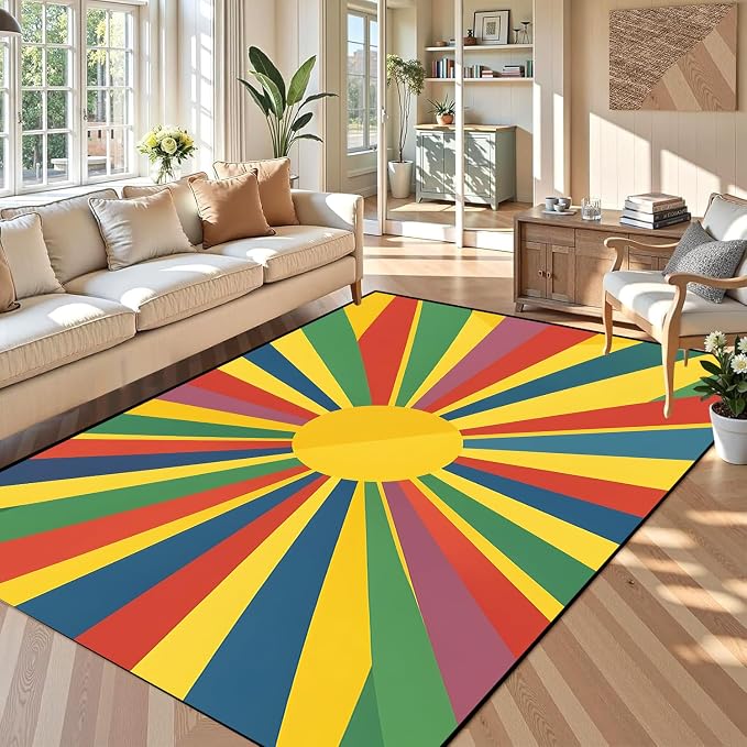 Rainbow Sunburst Area Rug Colorful Geometric Sun Carpet Soft Non-Slip Washable Floor Mat for Bedroom Living Room Nursery Playroom Classroom Home Decor,6'x9'