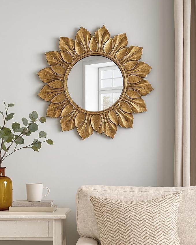 Sunflower Sunburst Wall Mirror, 22" Distressed Gold Wooden Frame, Handcrafted Petal Floral Design, Vintage Farmhouse Style Mirror for Wall Decor for Living Room, Bedroom, Bathroom, Vanity