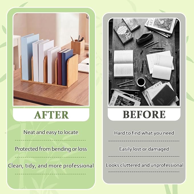 Novabright Bamboo Magazine File Holder Desk Organizer, 4 Vertical Compartments Workspace Sorters for Magazines, Binders, Notebooks, Envelopes