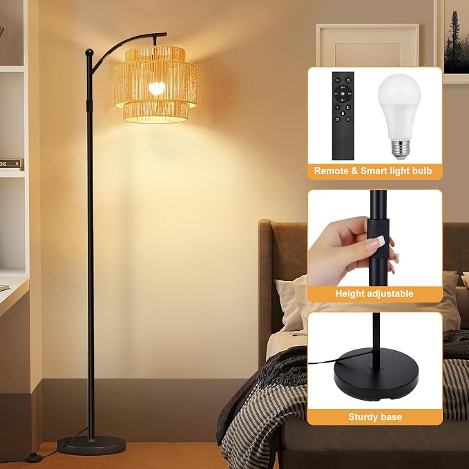Vinaco Adjustable Height Floor Lamp Rattan 3 Color Temperature,Dimmable Tall Boho Floor Lamps with Remote & Foot Switch, Rotating Lamp Shade Wicker Arc Standing Lamp for Living Room Bedroom Lights