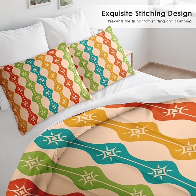 Pamnest Comforter Set Twin Size, Mid Century Atomic Colorful Soft Bedding for Kids and Adults, Green Teal Orange Comforter Set with Pillowcases for Bedroom Bed Decor