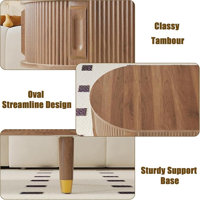 Oval Wood Coffee Table,Fluted Lift Top Coffee Table with Sliding Door and Solid Wood Legs,Suitable for Living Room,Home Office,and Apartment. (Walnut)