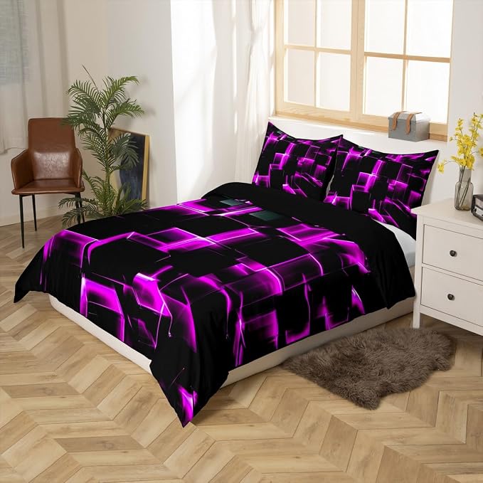 Erosebridal Purple Black Geometric Duvet Cover Full Size 3D Stereoscopic Square Bedding Sets, Glowing Neon Squares Bed Cover 3 Piece Gradient Grid Plaid Bed Set (No Comforter)