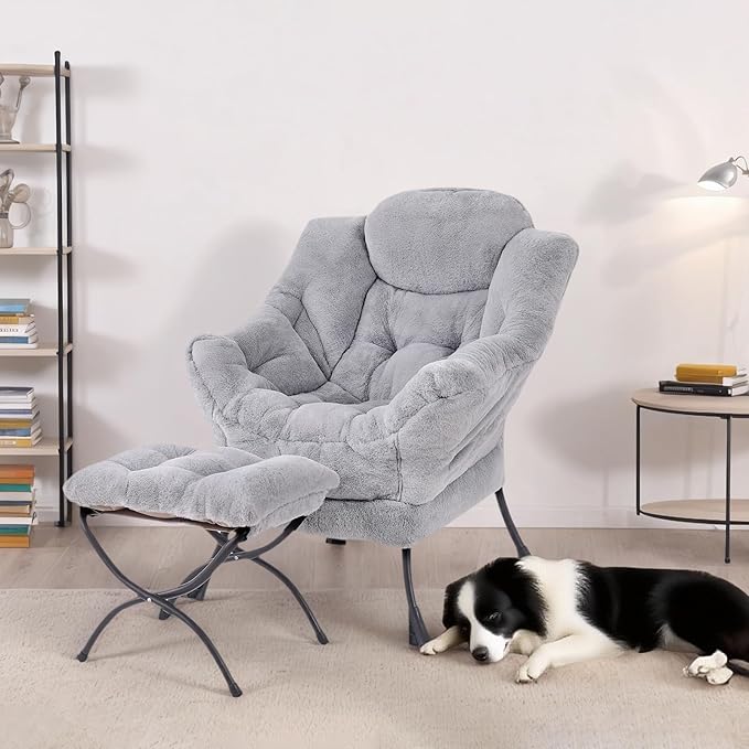 Tiita Lazy Chair with Ottoman, Light Grey Modern Large Accent Armchair, Comfy Leisure Sofa Reading Chair with Footrest for Bedroom, Living Room, Dorm Rooms, Garden, Plush Light Grey